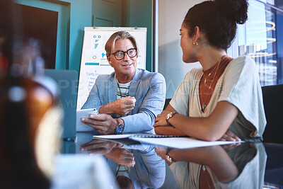 Buy stock photo Business, people and document for meeting in office for presentation planning, collaboration and review stats growth. Staff, discussion and paperwork, partnership and feedback for profit report