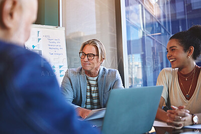 Buy stock photo Business, people and laptop for meeting in office with paperwork for feedback or review of company sales. Employee, documents and discussion in workshop with support of ideas on project growth