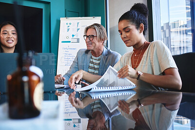 Buy stock photo Team, people and document for meeting in office for marketing planning, collaboration and review stats growth. Staff, paperwork and discussion with support, partnership and feedback of project
