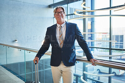 Buy stock photo Suitcase, smile and portrait of businessman at airport for corporate trip, travel and opportunity. Mature, advocate or person with luggage in lobby for law, flight and journey to international client