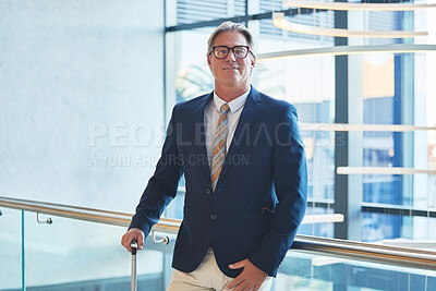 Buy stock photo Business, office building and portrait of mature man in city for confidence, management and expert. Male CEO, boss and smile in accounting firm for success, mission and development in industry