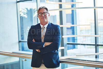 Buy stock photo Business, confident or portrait of mature man in office for professional, management or expert. Male CEO, arms crossed or smile in accounting firm for career success, mission or development in agency