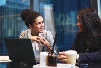 Buy stock photo Employees, night and laptop for proposal in office, talking and online for research collaboration. Business women, speaking and website for project update, progress and discuss opportunity for deal