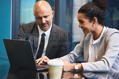 Buy stock photo Business, people and happy in office with laptop for ideas or planning with reports or review for company finance. Partners, employees and smile in boardroom with teamwork, collaboration and feedback
