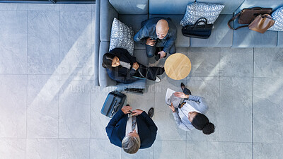 Buy stock photo Business people, top view and meeting in office with collaboration, financial pitch with document for strategy. Above, tax accountant and table teamwork with budget paper for economy in building