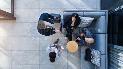 Buy stock photo Business people, above or collaboration in airport lounge for meeting or seminar, workshop with layover or delay. Top view, accountant or communication at convention for networking in travel building