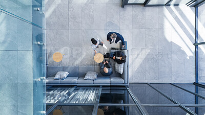 Buy stock photo Business people, above and strategy in office with collaboration, financial pitch with document for meeting. Top view, tax accountant and table teamwork with budget paper for economy in building