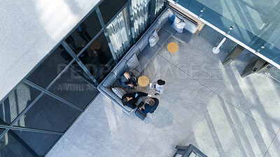 Buy stock photo Business people, above and agenda in office with collaboration, financial pitch with document for strategy. Top view, tax accountant and table teamwork with budget paper for economy in building