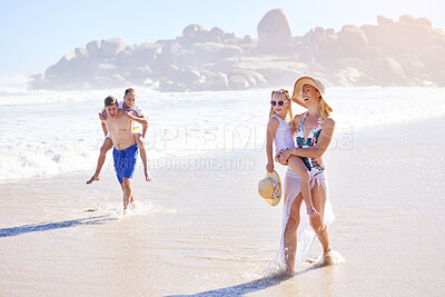 Buy stock photo Vacation, kids and parents on walking on beach with fun, bonding and outdoor travel adventure together. Mom, dad and children on summer holiday with ocean, water and happy family on tropical island