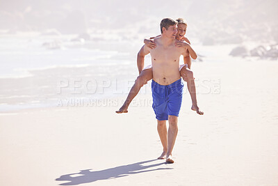 Buy stock photo Ocean, dad and kid with piggy back, smile and fun holiday for bonding together on travel adventure. Mockup, happy man and playful boy on summer island vacation with tropical beach, waves and support