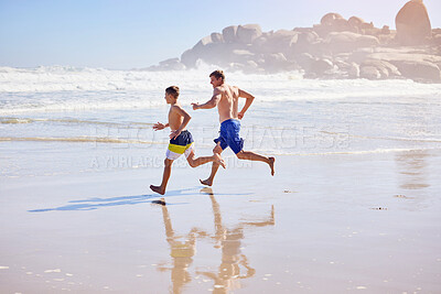 Buy stock photo Waves, kid and dad running at ocean with fun, travel and bonding together on tropical holiday adventure. Water, father and son play on summer island vacation with beach, outdoor race and happy family