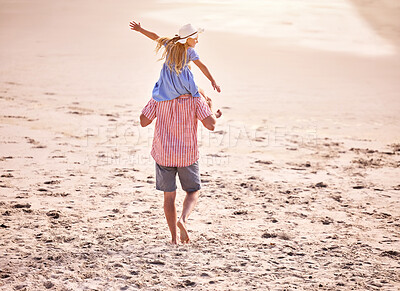 Buy stock photo Father, daughter and airplane on shoulders at beach with care, bonding and love for walk on vacation. Man, dad and girl with plane, flight and piggy back for games, connection and playful in Florida