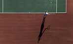 Woman, playing and top view of tennis court with serve, practice and training for tournament with space. Athlete, workout and activity with racket sport for skill development, competition and match.