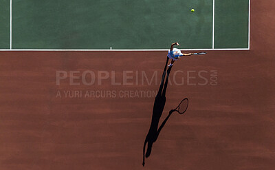 Buy stock photo Woman, playing and top view of tennis court with serve, practice and training for tournament with space. Athlete, workout and activity with racket sport for skill development, competition and match.