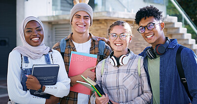 Buy stock photo Students, smile and portrait at university for education, diversity and friendship on campus. People, academic or happy with books for about us, group project team or excited for learning development