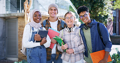 Buy stock photo Students, happy and portrait at university for education, diversity and friendship on campus. People, academic or smile with books for about us, group project team or excited for learning development