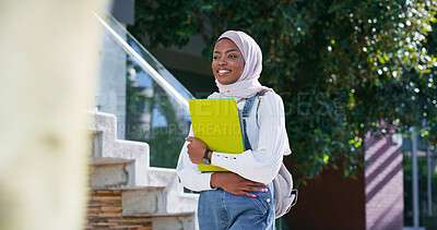 Buy stock photo University, walking and black woman in hijab with smile, backpack and Islamic study opportunity in education. Muslim culture, equality and happy college student on morning commute to learn in Rwanda
