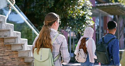 Buy stock photo Back of girl, morning or college student walking to class for learning, future or study in university campus. Travel, leaving or learner with bag or opportunity for school, education or scholarship