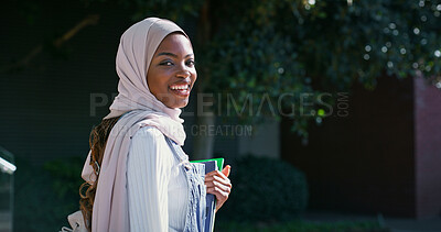 Buy stock photo College, walking and portrait of Muslim woman with smile, backpack and outdoor space for education. Culture, campus and happy university student in hijab on morning commute for learning in Rwanda