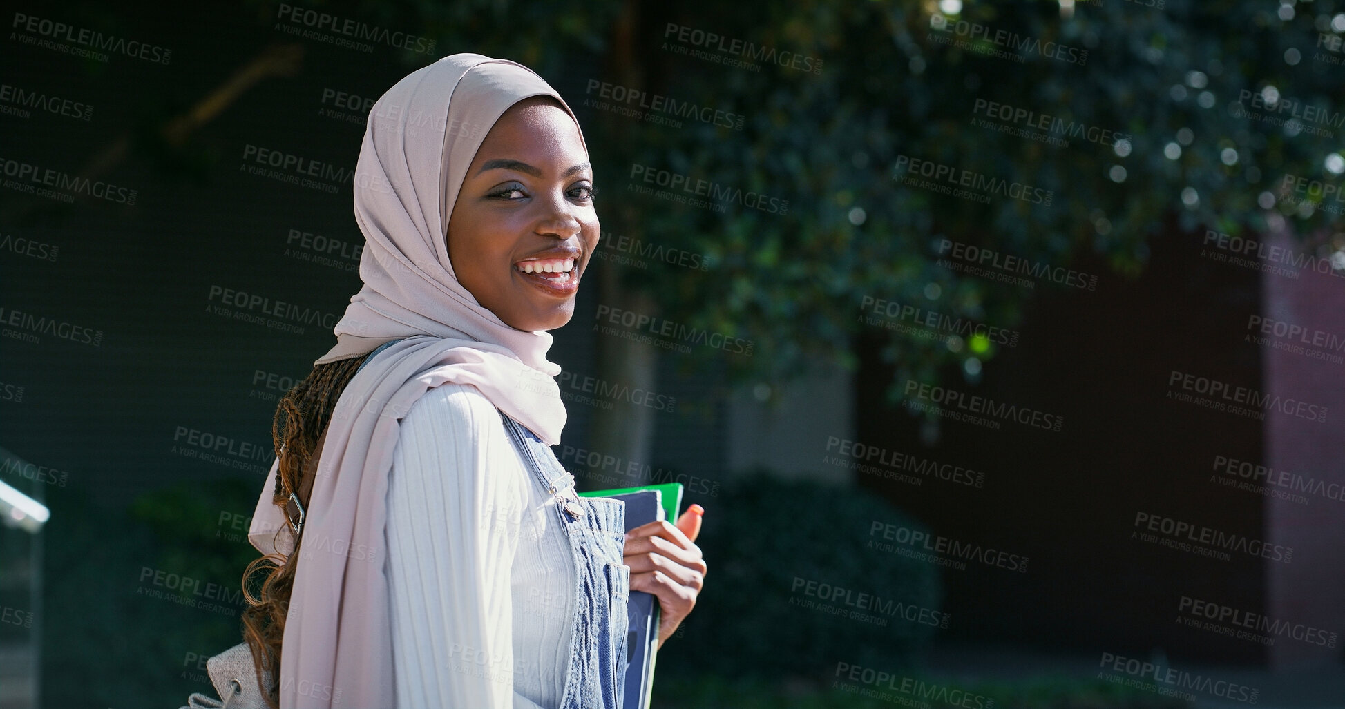 Buy stock photo College, walking and portrait of Muslim woman with smile, backpack and outdoor space for education. Culture, campus and happy university student in hijab on morning commute for learning in Rwanda