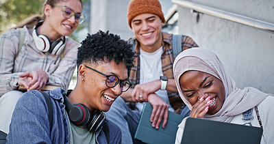 Buy stock photo Group, laughing and campus with laptop and collaboration for education and communication with friends. Happy, online and outdoor at college, students and people with smile, learning or backpack