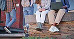 Break, legs and students with education, friends and knowledge on lunch to relax in university. Closeup, group and people on laptop with sneakers, shoes and campus with scholarship and opportunity