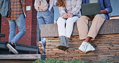 Buy stock photo Break, legs and students with education, friends and knowledge on lunch to relax in university. Closeup, group and people on laptop with sneakers, shoes and campus with scholarship and opportunity