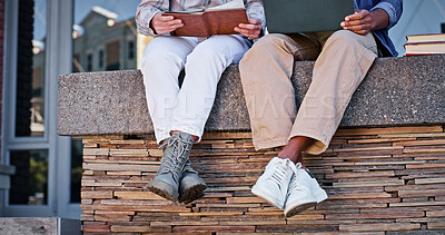 Buy stock photo Feet, students and relax with book at school for education, learning support and studying of growth development. People, legs and rest for knowledge, university and reading for morning information