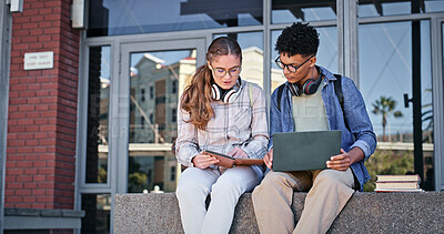Buy stock photo Outdoor, books or students studying for learning, future or assessment project in university campus. Information, academic people or learners with research online for school, education or scholarship