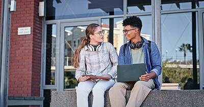 Buy stock photo Outdoor, books or students talking for learning, studying or assessment project in university campus. Friends, academic people or learners with research online for school, education or scholarship