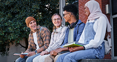 Buy stock photo Students, university and outdoor on campus for learning, talking and share knowledge on module. People, friends and outside for group project discussion, education and together for college gossip