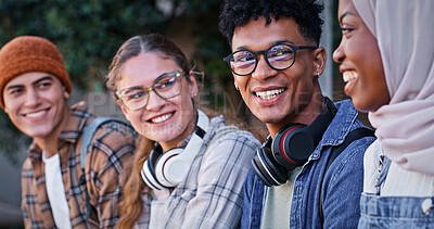 Buy stock photo Students, happy and relax on campus for education, diversity and friendship in university. People, learners and smile outdoors for discussion, storytelling and talk on future career on class break