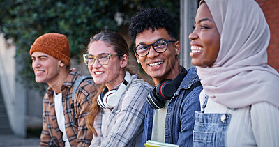 Buy stock photo University, students and relax outdoor on campus with college talk, conversation and happy for education. Friends, smile and people with learning, support and study group for scholarship or knowledge
