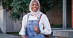 University, campus and portrait of Muslim woman with smile, backpack and study opportunity in education. Culture, equality and happy college student in hijab on morning commute for learning in Rwanda