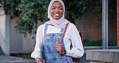 Buy stock photo University, campus and portrait of Muslim woman with smile, backpack and study opportunity in education. Culture, equality and happy college student in hijab on morning commute for learning in Rwanda