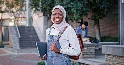 Buy stock photo College, campus and portrait of Muslim girl with smile, backpack or confidence for education. Islamic culture, equality and happy university student in hijab on morning commute for learning in Rwanda