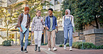 Friends, university and outdoor on campus for conversation, talking and share knowledge on module. People, students and outside for walking to class lecture, study and together for college gossip
