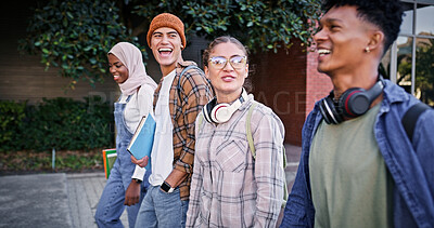 Buy stock photo Students, group and walking to college class, talking and share knowledge on module. People, friends and outside for social project discussion, study and together for trip to university lecture