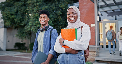 Buy stock photo Muslim, portrait or students in university walking to class for learning, future or studying in college. Diversity, smile or happy people with books or confidence for school, education or scholarship