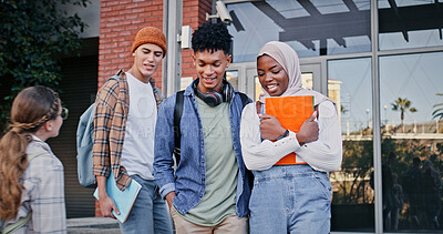 Buy stock photo Group, diversity or students in university walking to class for learning, future or studying in college. Academy, smile or happy people with books or confidence for school, education or scholarship