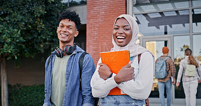 Buy stock photo Muslim, portrait or friends with smile in college for learning, future or studying in university campus. Diversity, open or happy students with book or confidence for school, education or scholarship