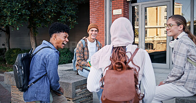 Buy stock photo University, students and laughing outdoor on campus with college talk, conversation or happy for education. Friends, circle and people with learning, break or study group for scholarship or knowledge