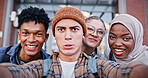 Students, crazy and portrait in selfie for education, diversity and friendship at university. People, academic and funny face for photography for social media, group project team or excited on campus