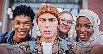 Buy stock photo Students, crazy and portrait in selfie for education, diversity and friendship at university. People, academic and funny face for photography for social media, group project team or excited on campus