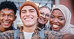Students, happy and portrait in selfie for education, diversity and friendship at university. People, academic and smile for photography for social media, group project team and excited on campus