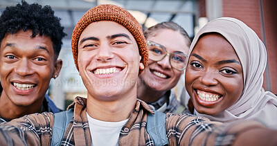 Buy stock photo Students, happy and portrait in selfie for education, diversity and friendship at university. People, academic and smile for photography for social media, group project team and excited on campus