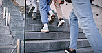 Feet, students and walking on stairs at school for education, learning break and studying of classroom lesson. People, legs and steps for knowledge, university and travel for morning path outdoor