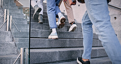 Buy stock photo Feet, students and walking on stairs at school for education, learning break and studying of classroom lesson. People, legs and steps for knowledge, university and travel for morning path outdoor