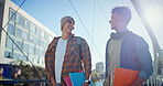 Student, laughing and friends with people and books for learning, future and knowledge. University, academy and youth development with men talking at college campus for scholarship, funny and study
