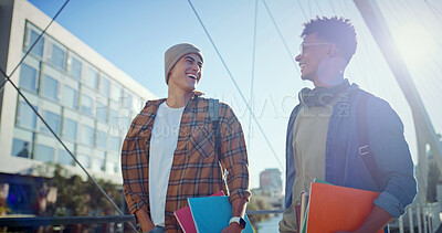 Buy stock photo Student, laughing and friends with people and books for learning, future and knowledge. University, academy and youth development with men talking at college campus for scholarship, funny and study